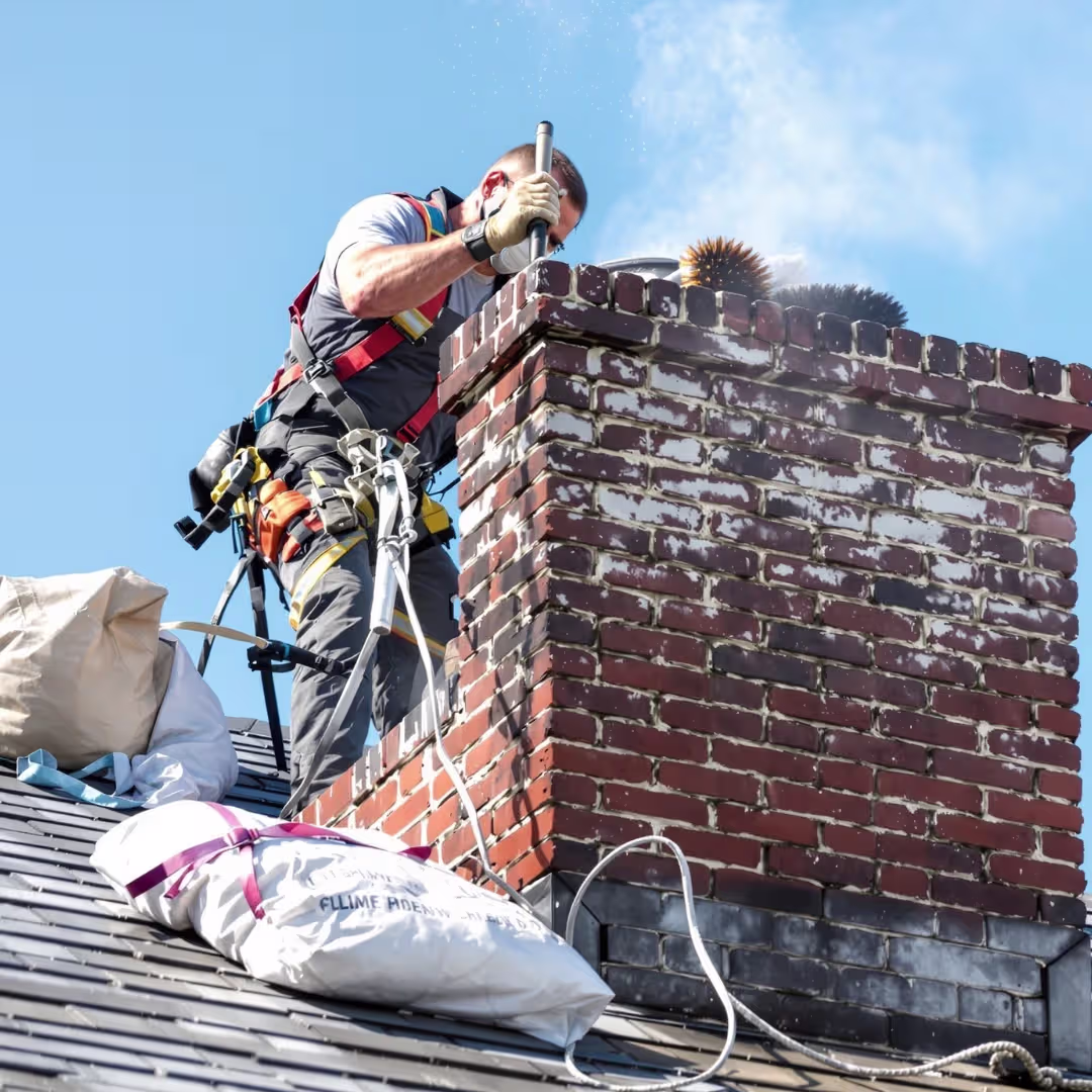 Chimney repair work with mortar on rooftop